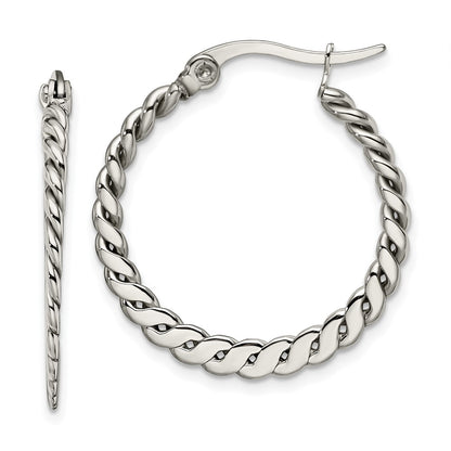 Stainless Steel Chisel Polished And Textured Braided Hoop Earrings