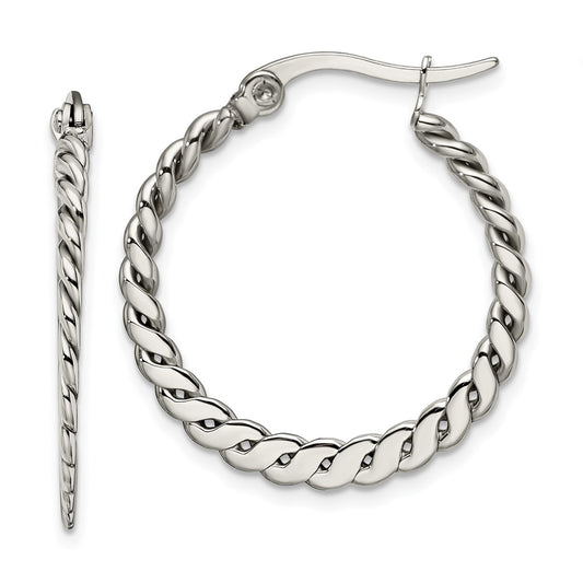 Stainless Steel Chisel Polished And Textured Braided Hoop Earrings