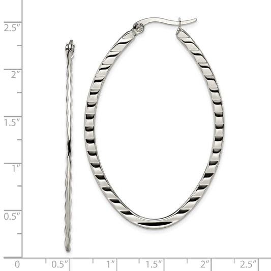 Stainless Steel Chisel Polished And Textured Oval Hoop Earrings