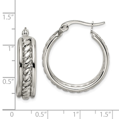 Stainless Steel Chisel Polished Twisted Middle 25mm Diameter Hoop Earrings