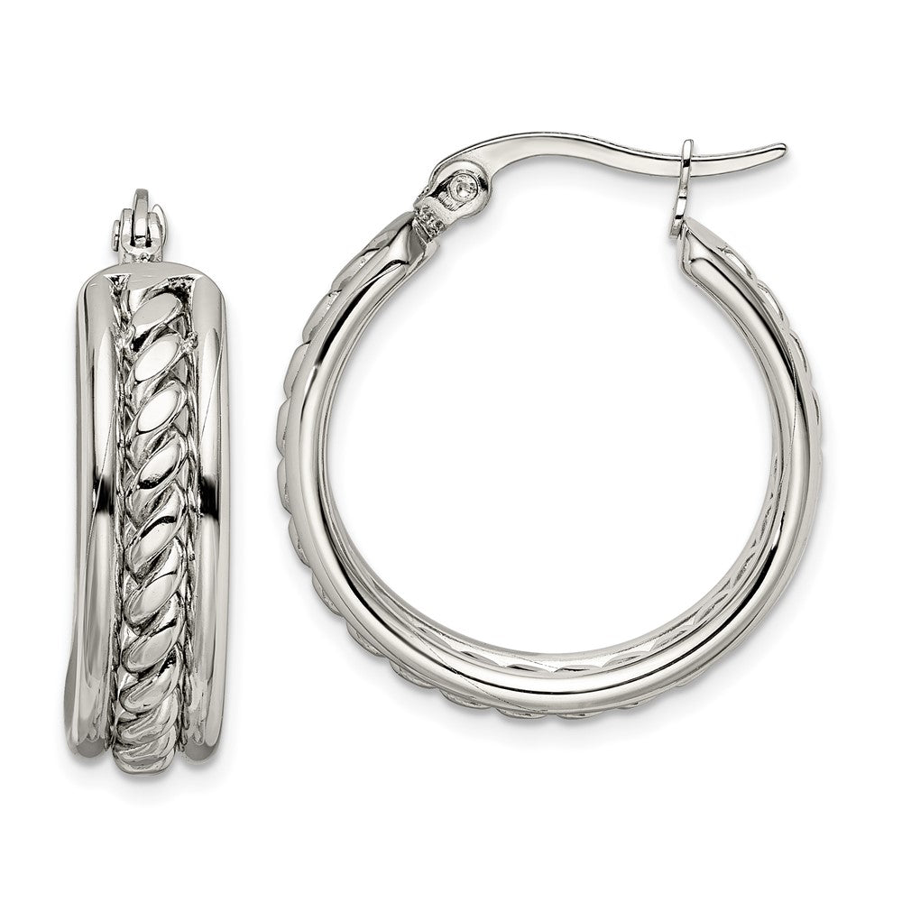 Stainless Steel Chisel Polished Twisted Middle 25mm Diameter Hoop Earrings