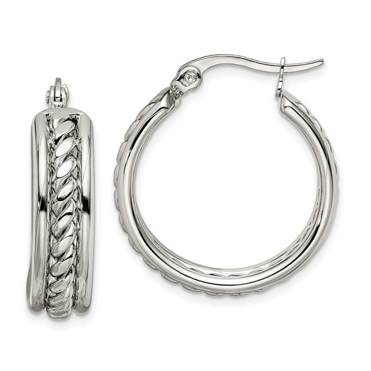 Stainless Steel Chisel Polished Twisted Middle 25mm Diameter Hoop Earrings