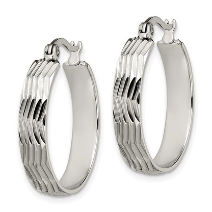 Stainless Steel Chisel Polished And Textured Hoop Earrings