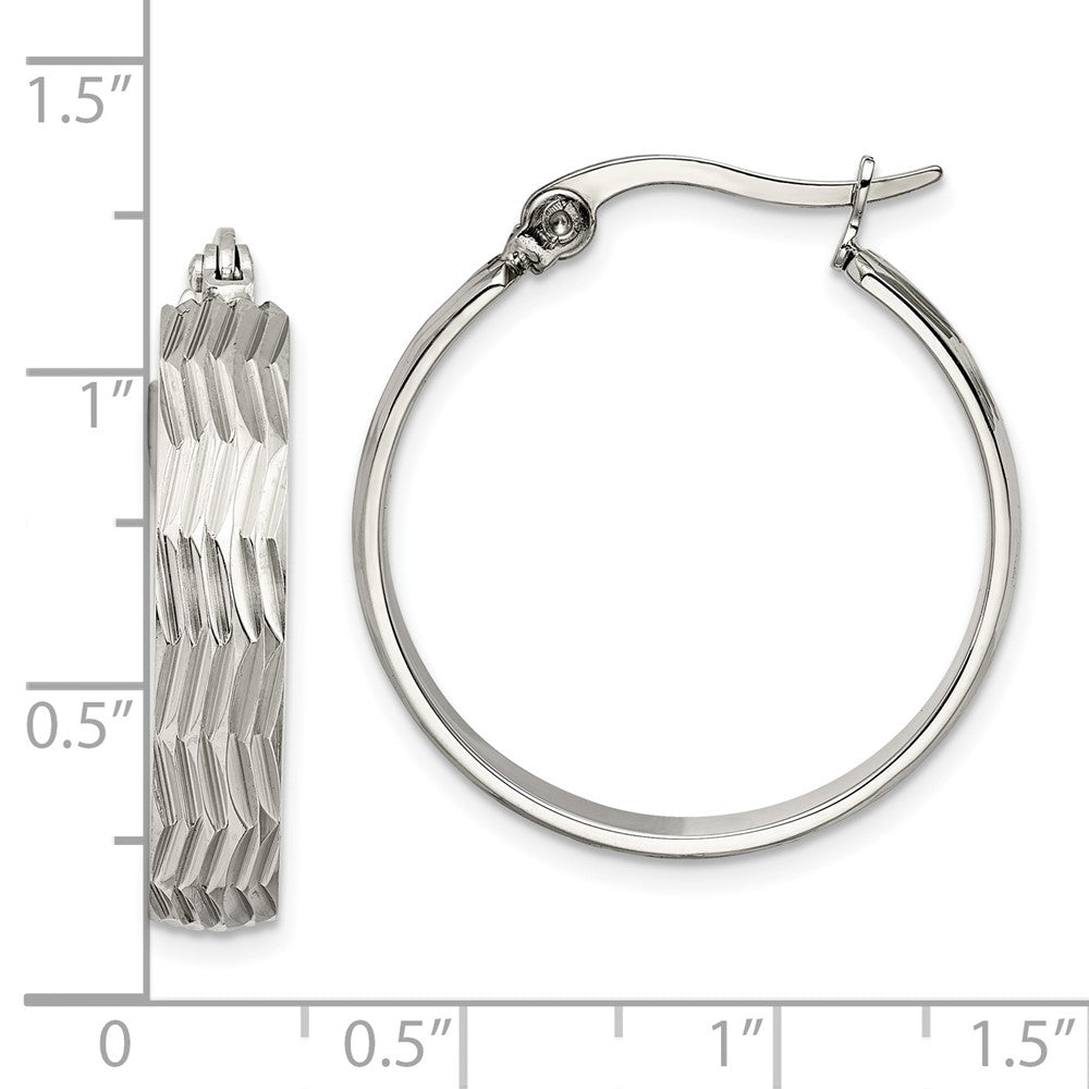 Stainless Steel Chisel Polished And Textured Hoop Earrings