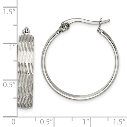 Stainless Steel Chisel Polished And Textured Hoop Earrings