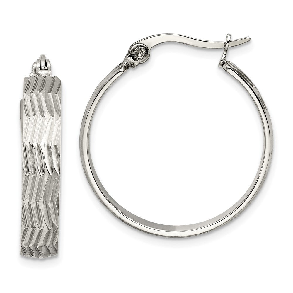Stainless Steel Chisel Polished And Textured Hoop Earrings