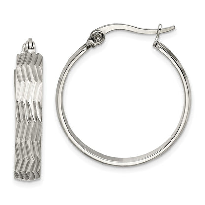 Stainless Steel Chisel Polished And Textured Hoop Earrings
