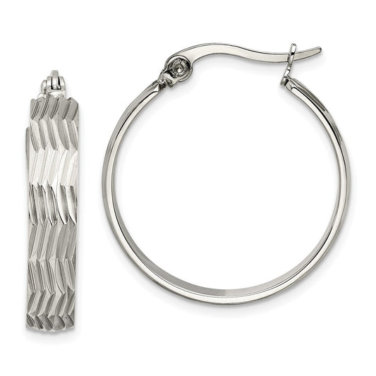 Stainless Steel Chisel Polished And Textured Hoop Earrings
