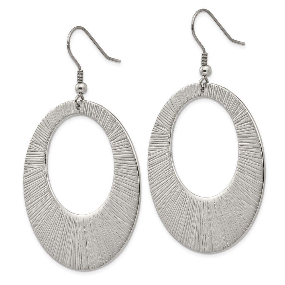Stainless Steel Chisel Polished And Textured Circle Dangle Shepherd Hook Earrings