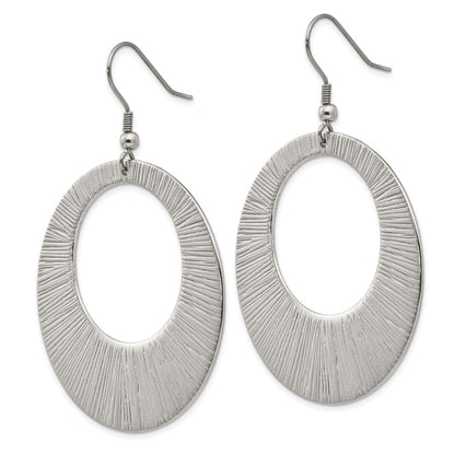 Stainless Steel Chisel Polished And Textured Circle Dangle Shepherd Hook Earrings