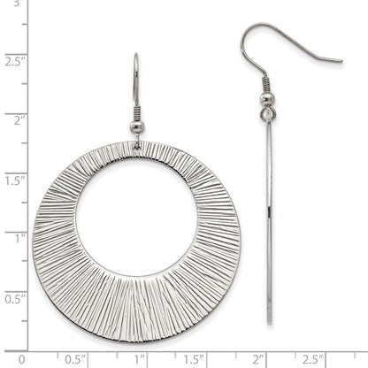 Stainless Steel Chisel Polished And Textured Circle Dangle Shepherd Hook Earrings