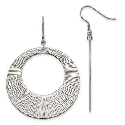 Stainless Steel Chisel Polished And Textured Circle Dangle Shepherd Hook Earrings