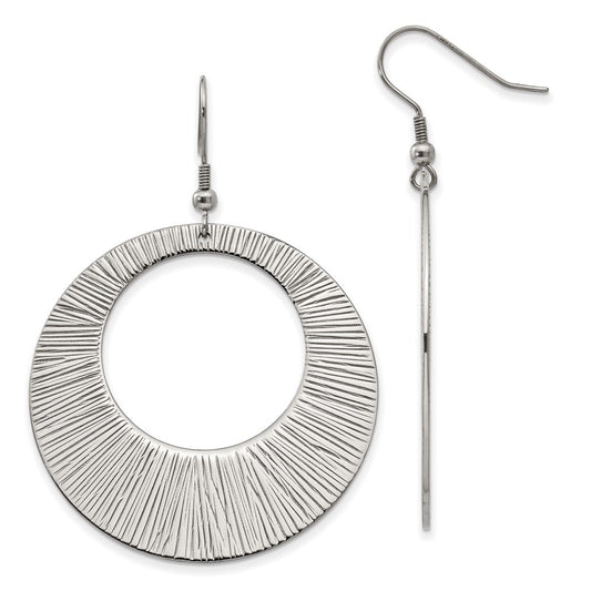 Stainless Steel Chisel Polished And Textured Circle Dangle Shepherd Hook Earrings