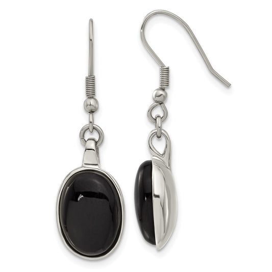 Stainless Steel Black Agate Oval Earrings