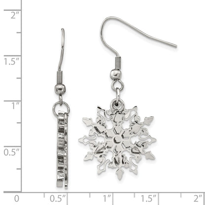 Stainless Steel Chisel Polished Snowflake Dangle Shepherd Hook Earrings