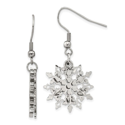 Stainless Steel Chisel Polished Snowflake Dangle Shepherd Hook Earrings