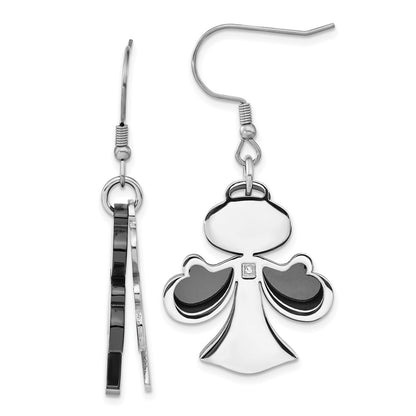 Stainless Steel Black-Plated W/Cz Angel Dangle Earrings