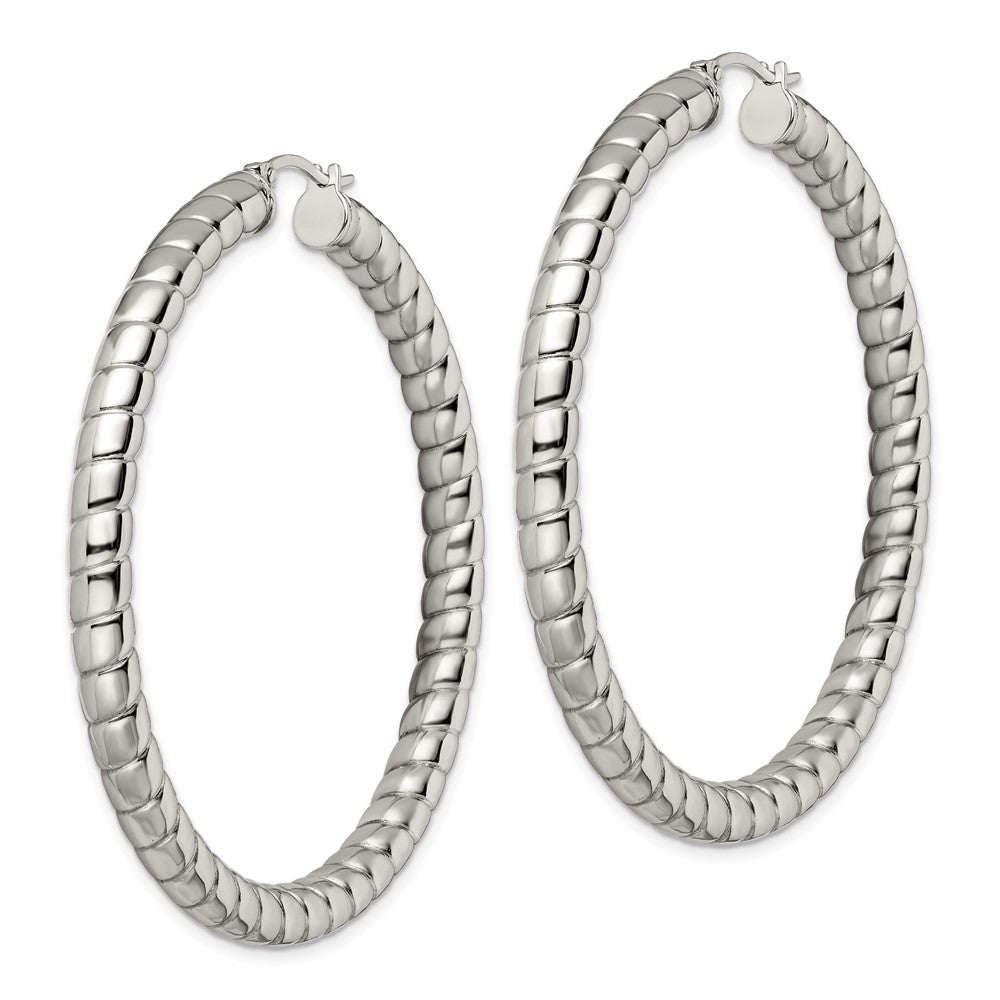 Stainless Steel Chisel Polished And Textured Hollow Hoop Earrings