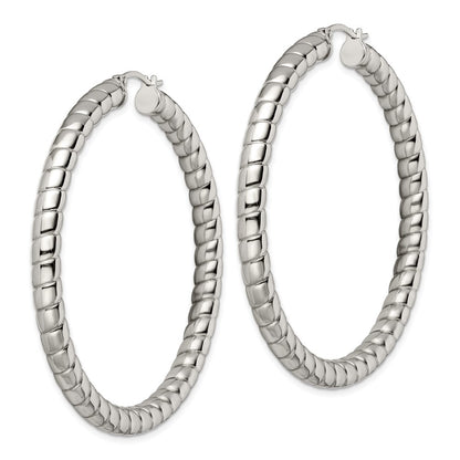Stainless Steel Chisel Polished And Textured Hollow Hoop Earrings