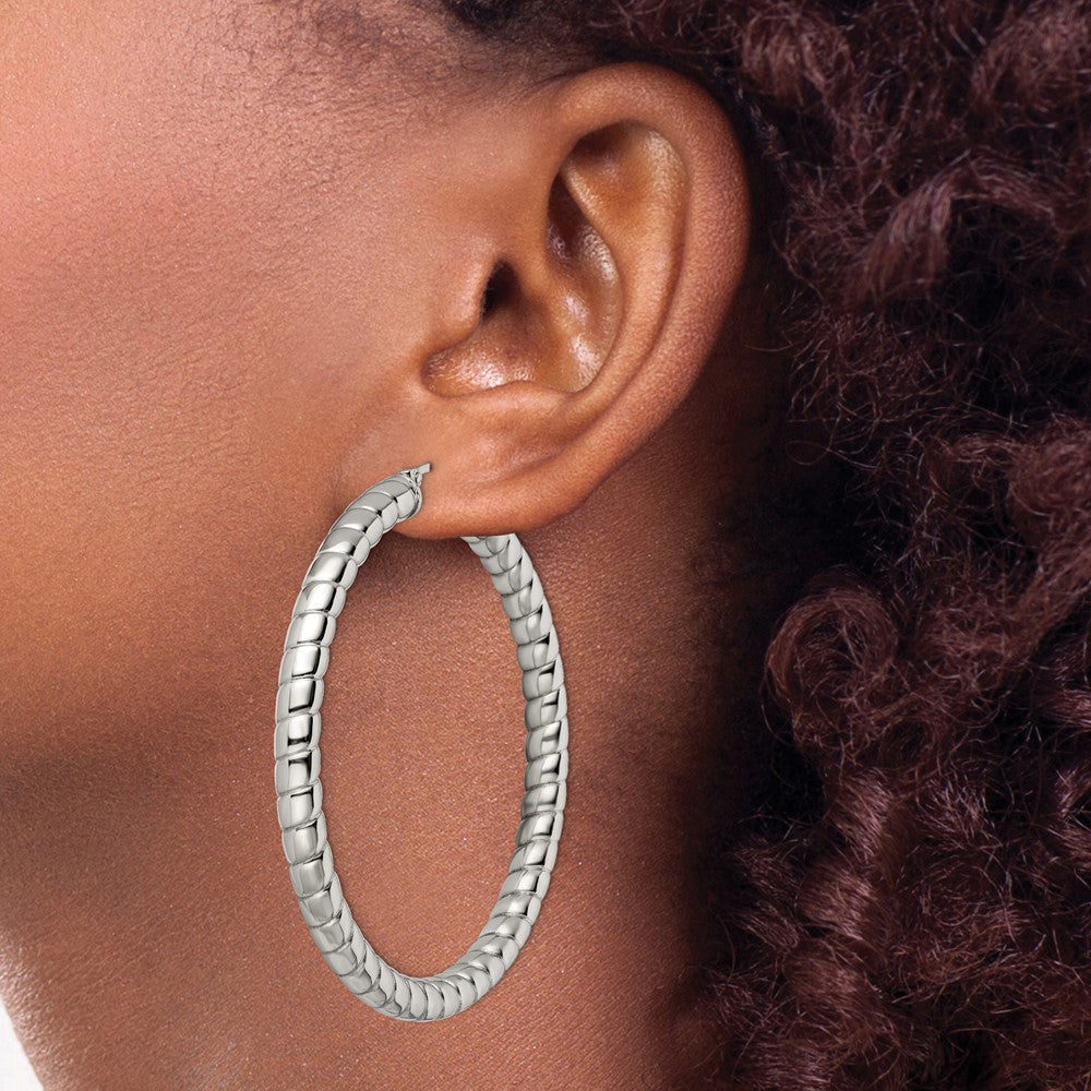 Stainless Steel Chisel Polished And Textured Hollow Hoop Earrings