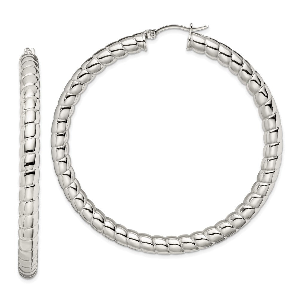 Stainless Steel Chisel Polished And Textured Hollow Hoop Earrings