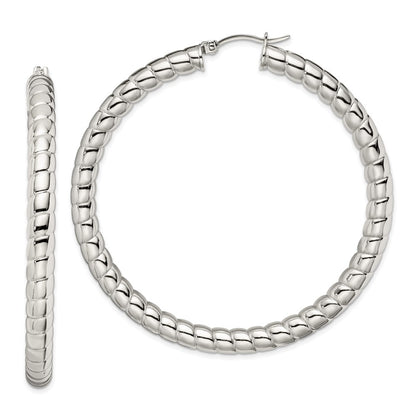 Stainless Steel Chisel Polished And Textured Hollow Hoop Earrings