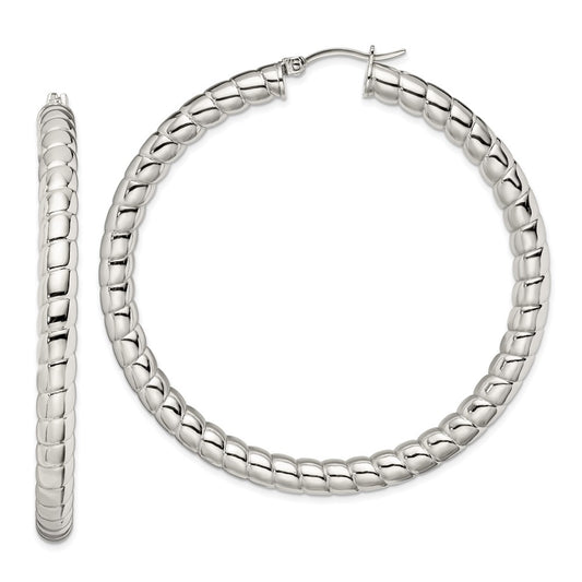Stainless Steel Chisel Polished And Textured Hollow Hoop Earrings