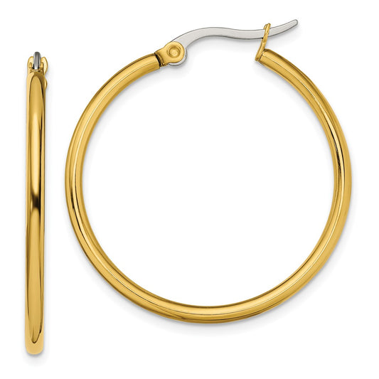 Stainless Steel Chisel Polished Yellow Ip-Plated 32mm Diameter 2mm Hoop Earrings