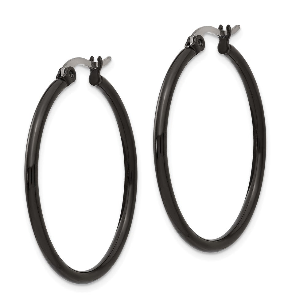Stainless Steel Chisel Polished Black Ip-Plated 32mm Diameter 2mm Hoop Earrings