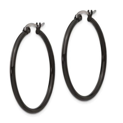 Stainless Steel Chisel Polished Black Ip-Plated 32mm Diameter 2mm Hoop Earrings