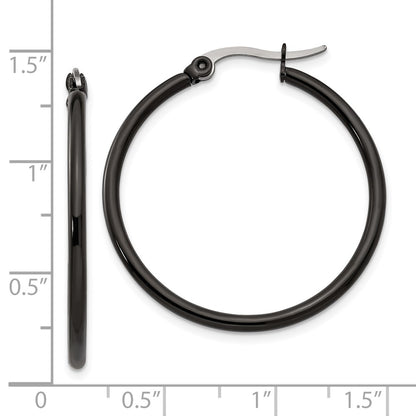 Stainless Steel Chisel Polished Black Ip-Plated 32mm Diameter 2mm Hoop Earrings