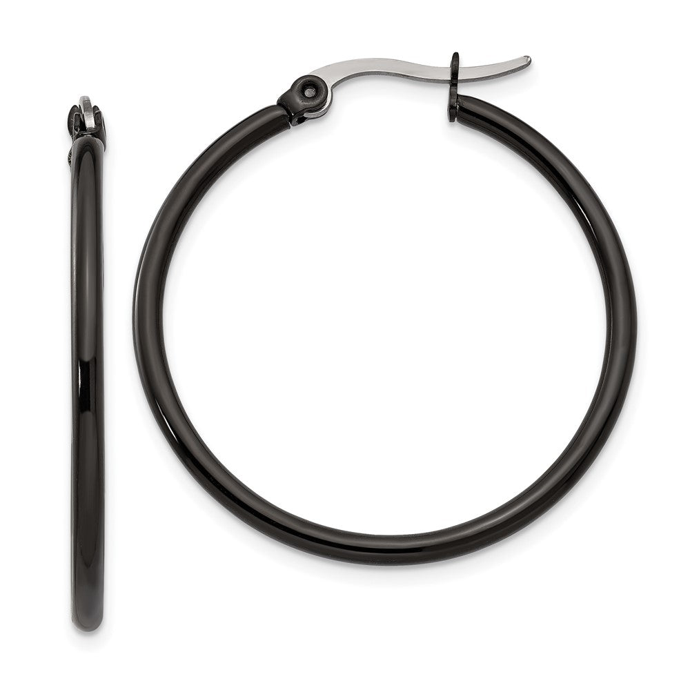Stainless Steel Chisel Polished Black Ip-Plated 32mm Diameter 2mm Hoop Earrings