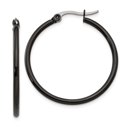 Stainless Steel Chisel Polished Black Ip-Plated 32mm Diameter 2mm Hoop Earrings
