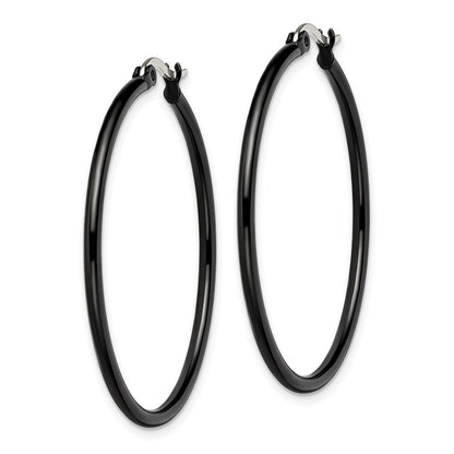 Stainless Steel Chisel Polished Black Ip-Plated 40mm Diameter 2mm Hoop Earrings