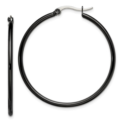 Stainless Steel Chisel Polished Black Ip-Plated 40mm Diameter 2mm Hoop Earrings