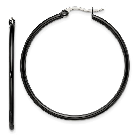 Stainless Steel Chisel Polished Black Ip-Plated 40mm Diameter 2mm Hoop Earrings