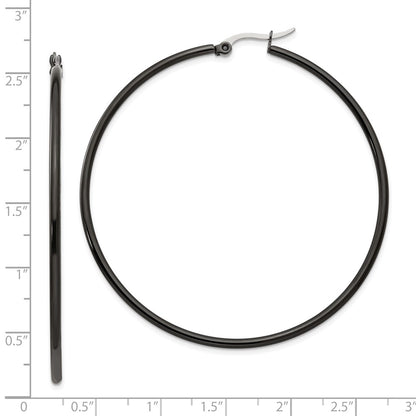 Stainless Steel Chisel Polished Black Ip-Plated 60mm Diameter 2mm Hoop Earrings