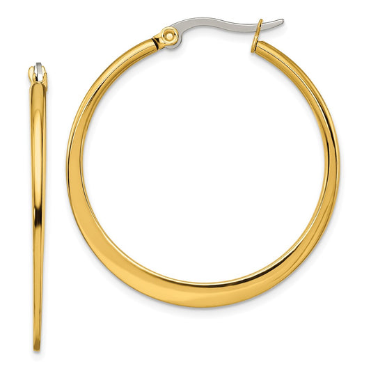 Stainless Steel Chisel Polished Yellow Ip-Plated Tapered 34mm Diameter Hoop Earrings