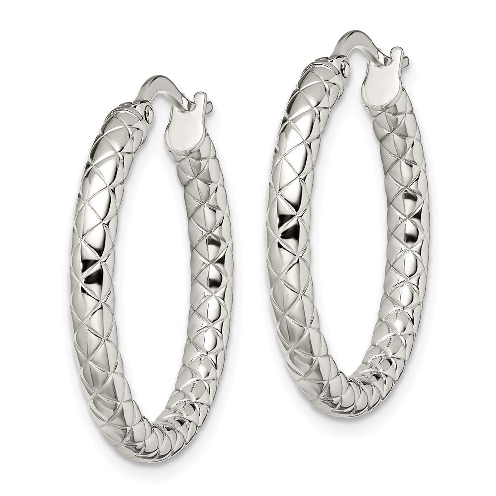Stainless Steel Chisel Polished And Textured Hollow Hoop Earrings