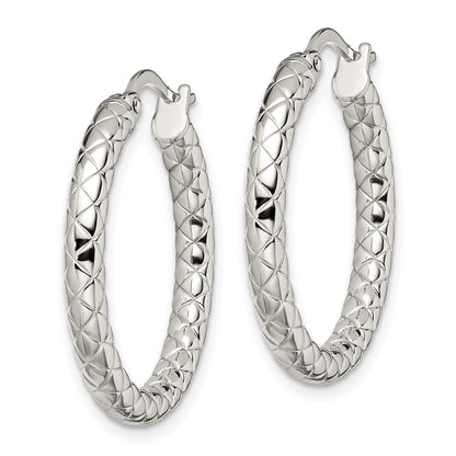 Stainless Steel Chisel Polished And Textured Hollow Hoop Earrings
