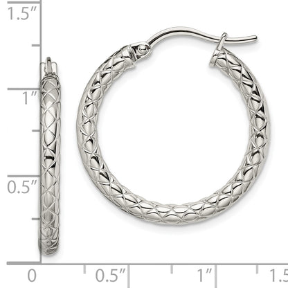 Stainless Steel Chisel Polished And Textured Hollow Hoop Earrings