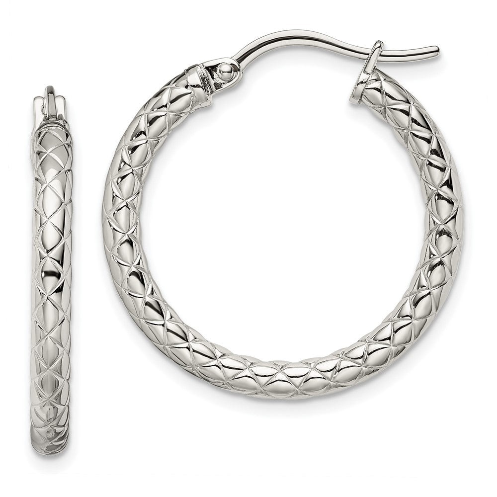 Stainless Steel Chisel Polished And Textured Hollow Hoop Earrings