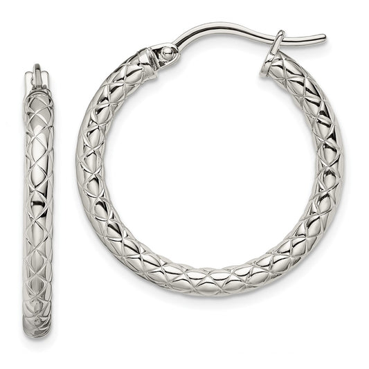 Stainless Steel Chisel Polished And Textured Hollow Hoop Earrings