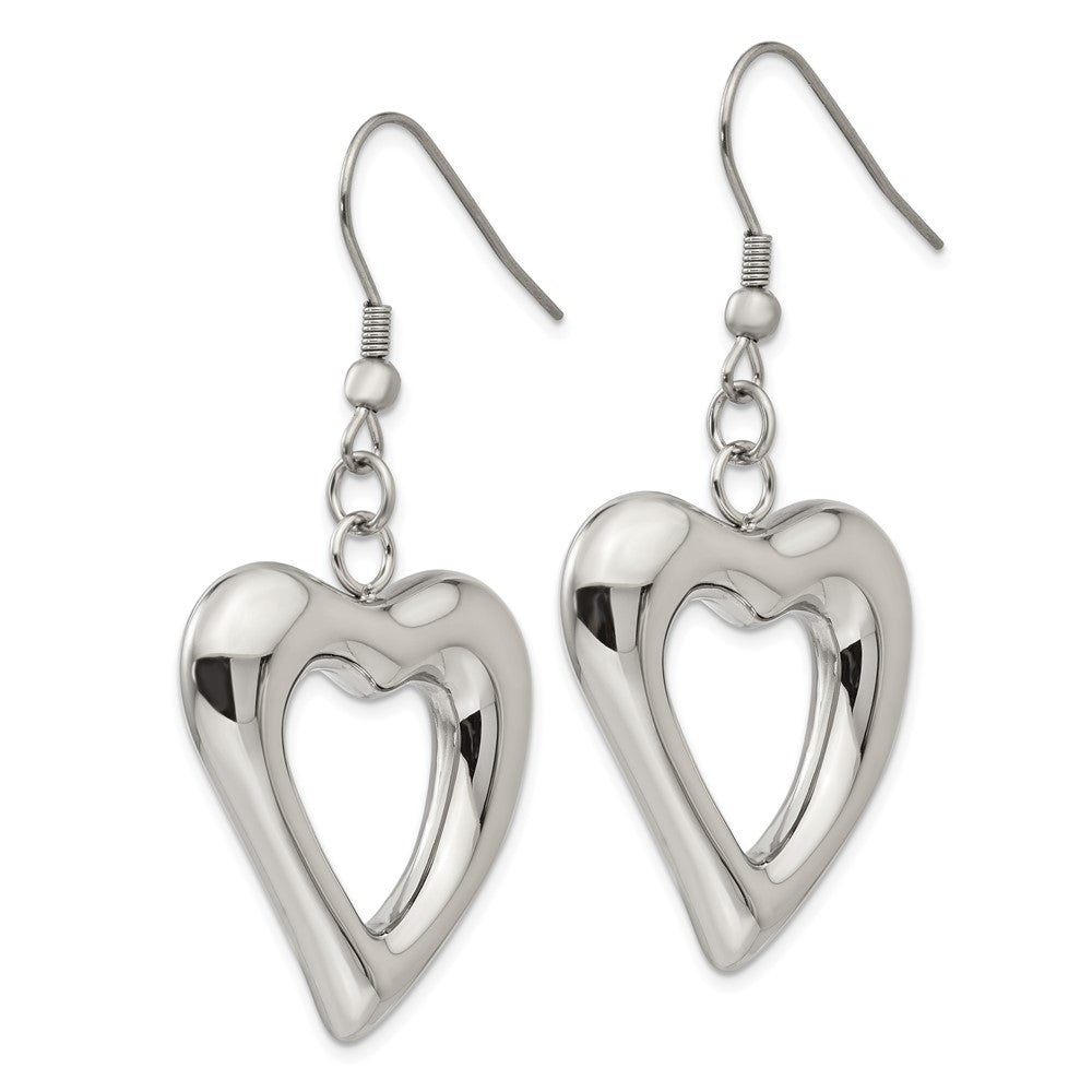 Stainless Steel Chisel Polished Heart Shepherd Hook Dangle Earrings