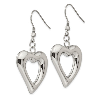Stainless Steel Chisel Polished Heart Shepherd Hook Dangle Earrings
