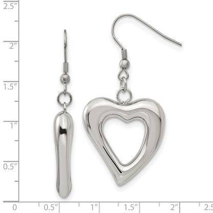 Stainless Steel Chisel Polished Heart Shepherd Hook Dangle Earrings