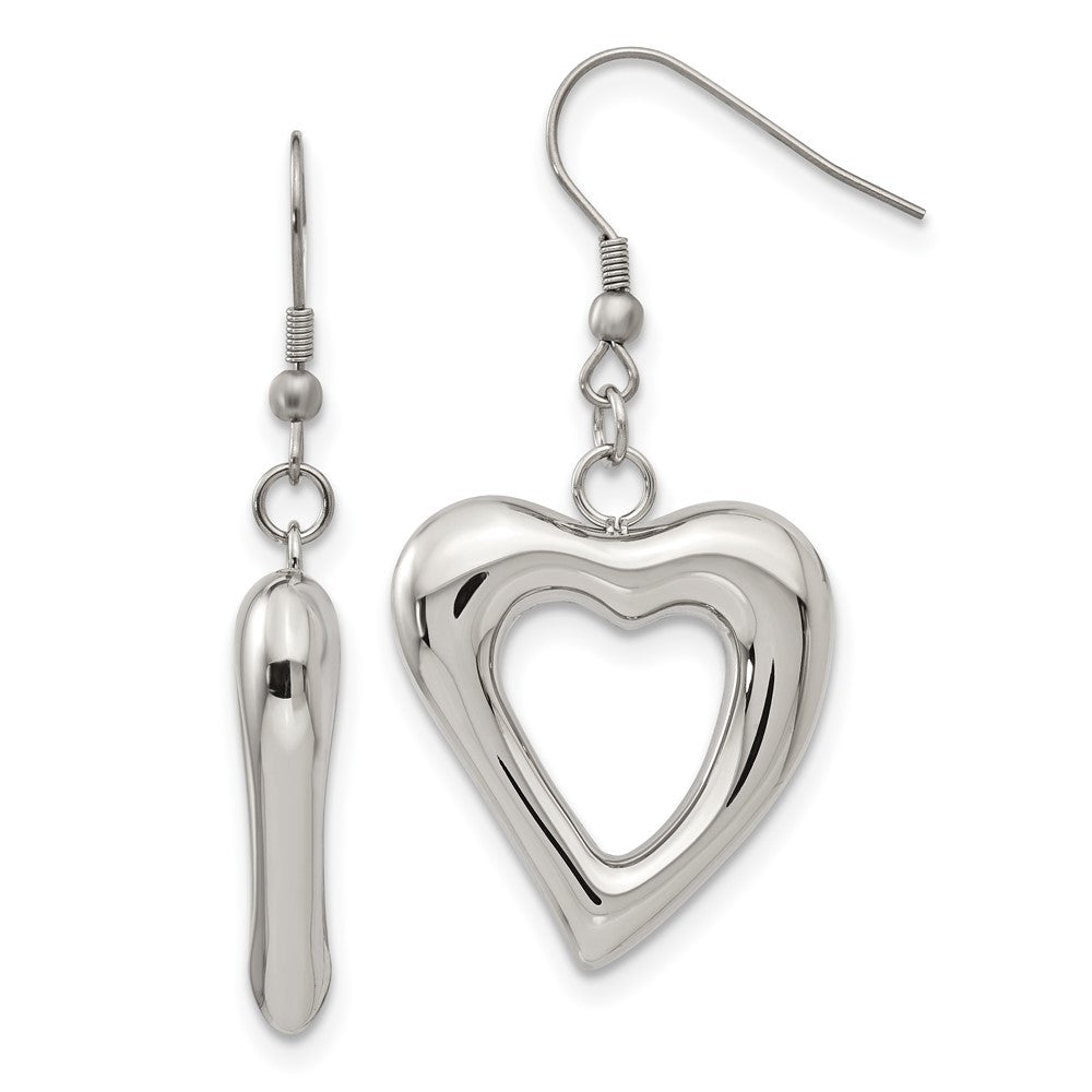 Stainless Steel Chisel Polished Heart Shepherd Hook Dangle Earrings