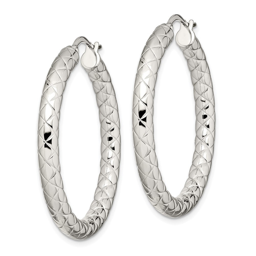 Stainless Steel Chisel Polished And Textured 30mm Diameter Hollow Hoop Earrings