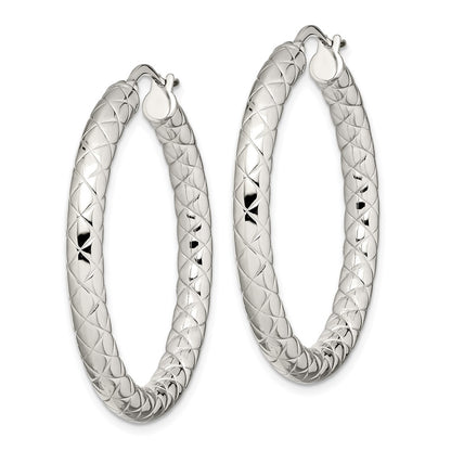 Stainless Steel Chisel Polished And Textured 30mm Diameter Hollow Hoop Earrings