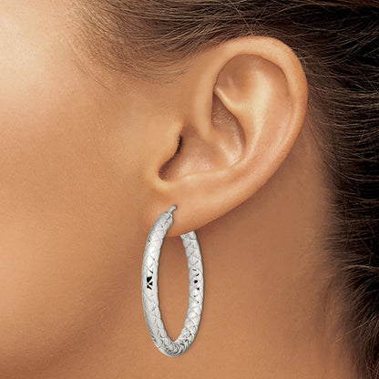 Stainless Steel Chisel Polished And Textured 30mm Diameter Hollow Hoop Earrings